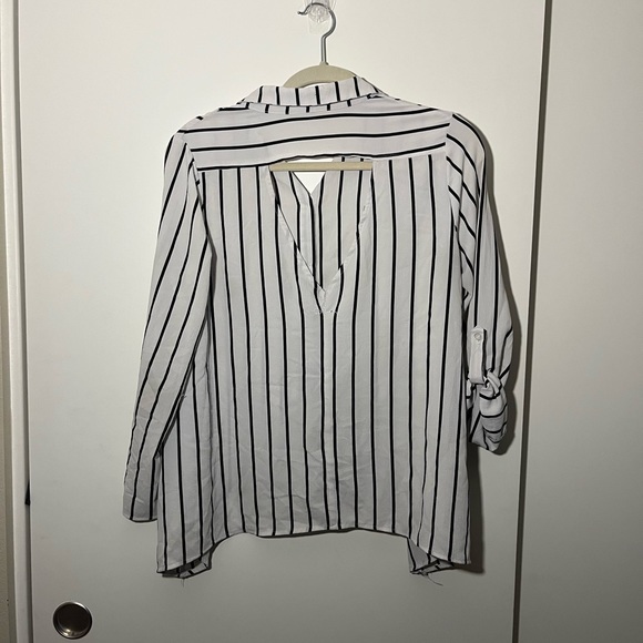 Black & White Striped High Low Top Button Down Collared Top with Back Cut Out - Picture 11 of 11